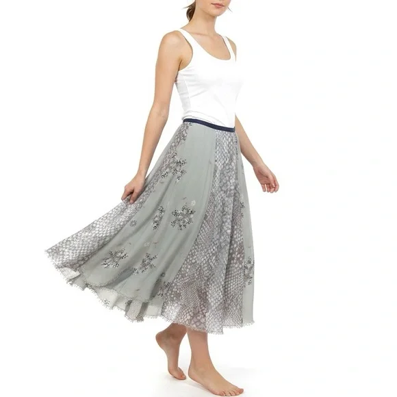 FREE PEOPLE Rock On Snake Floral Print Mixed Media Handkerchief Hem Maxi Skirt 4 - Picture 1 of 12